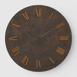 Grande Horloge Ronde Faux tooled, Carved Leather & Copper-look Numerals