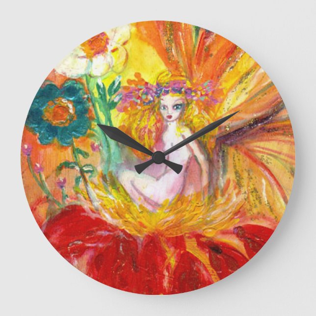 Grande Horloge Ronde FÉE de l'imaginaire jaune rouge de FLEURS (Recto)