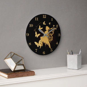 Grande Horloge Ronde Fée de papillon d'or personnalisé