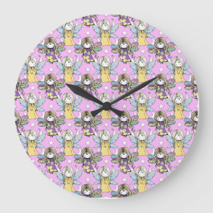 Grande Horloge Ronde Fées mignonnes et étoiles et lunes Motif