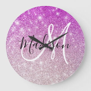 Grande Horloge Ronde Féminin & Glamour Monogramme Nom Paillettes Violet