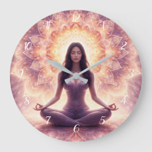Grande Horloge Ronde Femme de méditation mandala lumineux Nom personnal