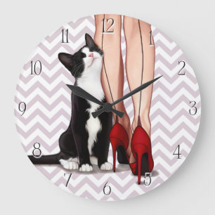 Grande Horloge Ronde Femme et chat Tuxedo