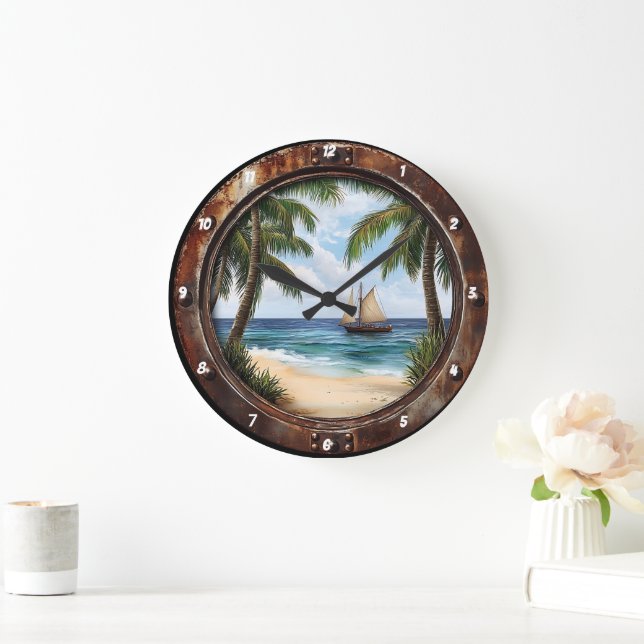 Grande Horloge Ronde Fenêtre nautique Retraite côtière Rustic Beach (Maison)