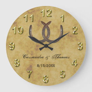 Grande Horloge Ronde Fer à cheval rustique fond en détresse