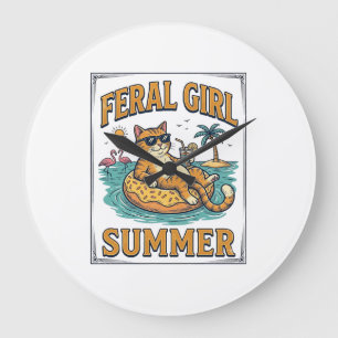 Grande Horloge Ronde Feral Girl Summer Cat Float Vintage Shirt Design_1