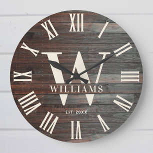 Grande Horloge Ronde Ferme de monogramme rustique Nom de famille person