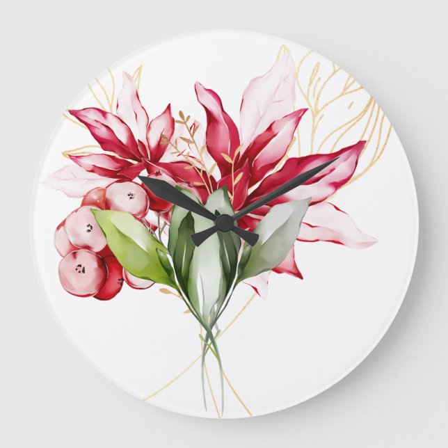 Grande Horloge Ronde Fête d'hiver poinsettia aquarelle fleurs (Recto)