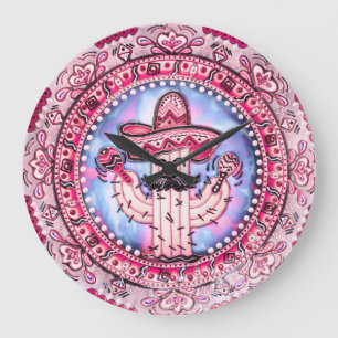 Grande Horloge Ronde Fête mexicaine Cinco de Mayo Sombrero Rose Blue