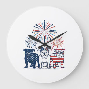 Grande Horloge Ronde Feu d'artifice de bouledogue patriotique dessin ve
