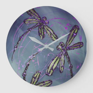 Grande Horloge Ronde Feu nocturne violette libellule