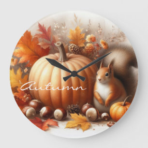 Grande Horloge Ronde Feuillage d'automne, châtaignes, Citrouilles et éc