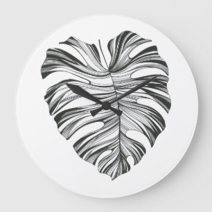 Grande Horloge Ronde Feuille Monstera : Élément Naturel Tropical.