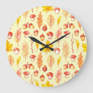 Grande Horloge Ronde Feuilles d'automne : aquarelle papier peint rétro