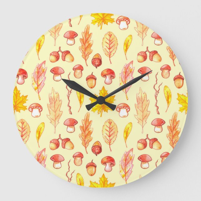 Grande Horloge Ronde Feuilles d'automne : aquarelle papier peint rétro (Recto)