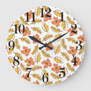 Grande Horloge Ronde Feuilles d'automne en chute chaude avec fleurs