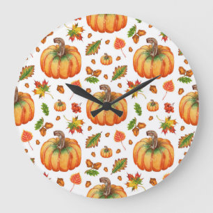 Grande Horloge Ronde Feuilles d'automne, glands : motif d'aquarelle.