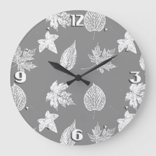 Grande Horloge Ronde Feuilles d'automne - gris argenté et blanc