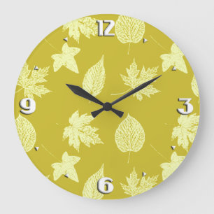 Grande Horloge Ronde Feuilles d'automne - moutarde et jaune clair