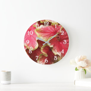 Grande Horloge Ronde Feuilles de Caladium roses froissées Floral
