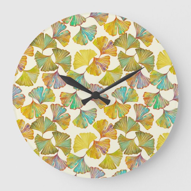 Grande Horloge Ronde Feuilles de Gingko : Art Abstrait floral (Recto)