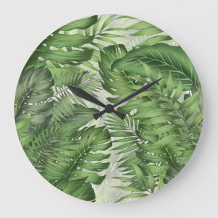 Grande Horloge Ronde Feuilles de jungle tropicale : arrière - plans flo