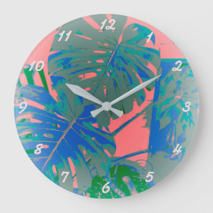 Grande Horloge Ronde Feuilles de Monstera Tropical