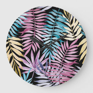 Grande Horloge Ronde Feuilles de palme : aquarelle motif foncé