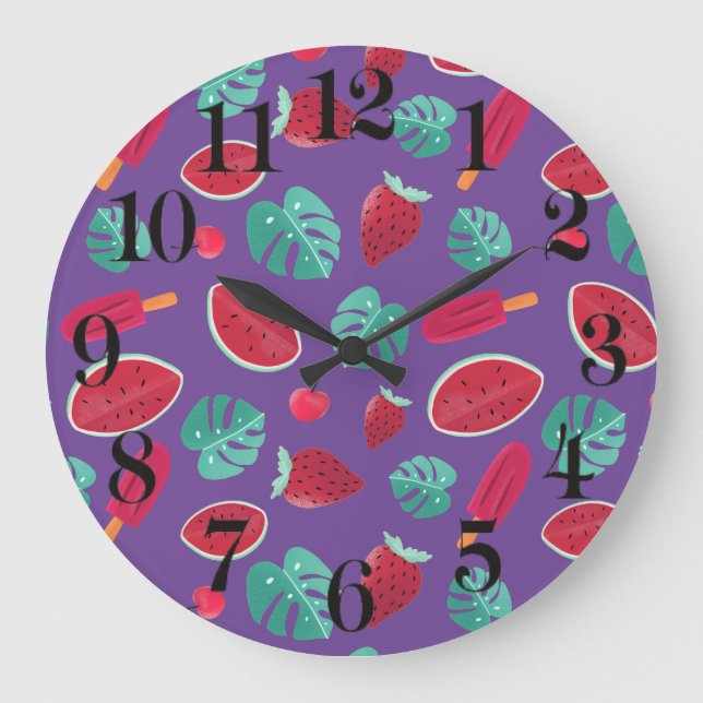 Grande Horloge Ronde Feuilles de poissonnerie, cerise, fraise et pastèq (Recto)