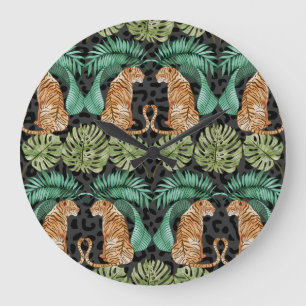 Grande Horloge Ronde Feuilles de tigres : Aquarelle Jungle sans joint.