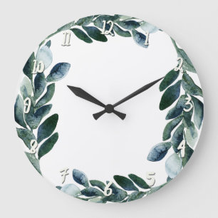 Grande Horloge Ronde Feuilles de verdure à l'aquarelle verte Botanique 