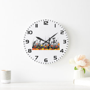 Grande Horloge Ronde Feuilles d'érable d'automne et silhouette d'herbe 