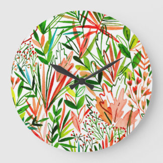 Grande Horloge Ronde Feuilles exotiques, fleurs, aquarelle de la forêt 