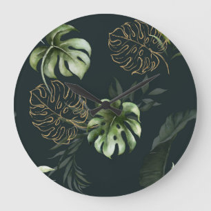 Grande Horloge Ronde Feuilles Tropicaux en or : Aquarelle foncée