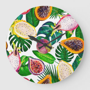 Grande Horloge Ronde Feuilles tropicaux, fruits, gouache sans couture m
