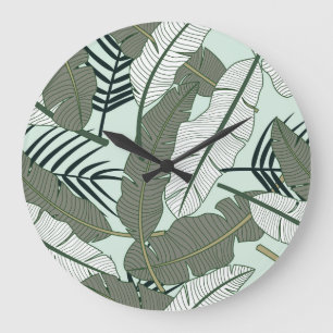 Grande Horloge Ronde Feuilles tropicaux : Motif naturel sans couture.