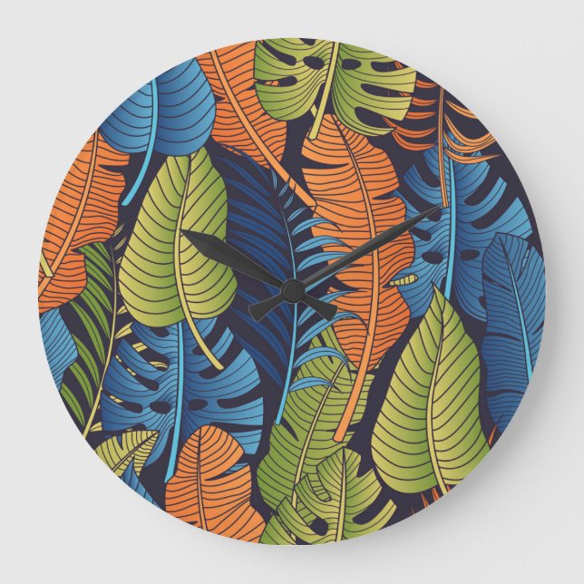 Grande Horloge Ronde Feuilles tropicaux, motif sans couture fleurie. (Recto)