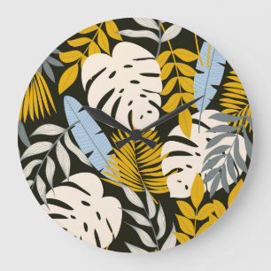 Grande Horloge Ronde Feuilles tropicaux : motif vintage foncé.