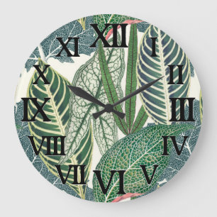 Grande Horloge Ronde Feuilles verts tropicaux