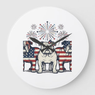 Grande Horloge Ronde Feux d'artifice de bouledogue patriotique Gravure 