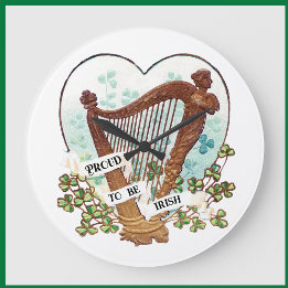 Grande Horloge Ronde Fière d'être la harpe irlandaise et les Shamrocks 
