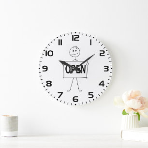 Grande Horloge Ronde Figure de bâton drôle tenant le signe ouvert