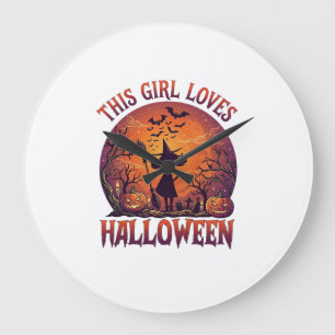 Grande Horloge Ronde Fille aime Halloween Sorcière Citrouilles Chauves-