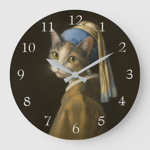 Grande Horloge Ronde Fille au collier de perles Chat