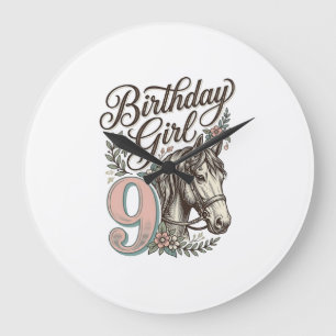 Grande Horloge Ronde Fille d'anniversaire 9 Cheval Floral Gravure Vinta