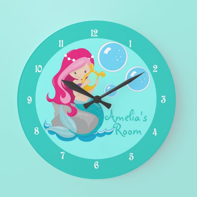 Grande Horloge Ronde Fille de sirène personnalisée Turquoise (Créateur téléchargé)