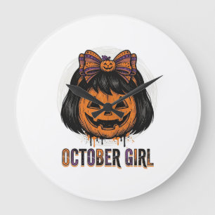 Grande Horloge Ronde Fille d'octobre Citrouille Arc Halloween Vecteur C