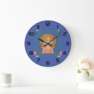 Grande Horloge Ronde Fille Et Fleurs