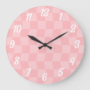 Grande Horloge Ronde Fille Pastel Rose Wavy Checkerboard