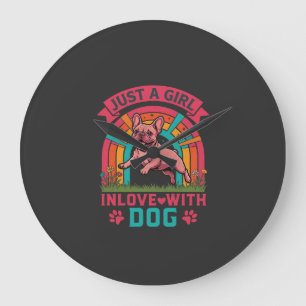Grande Horloge Ronde Fille tout simplement amoureuse du chien Bouledogu